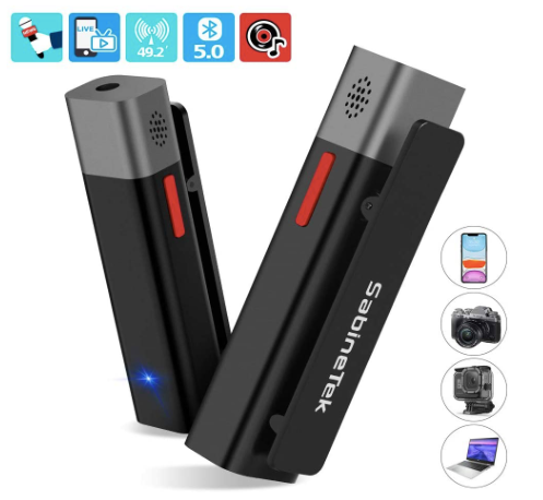 SmartMike+ Wireless Microphone System, Hands Free Clip-on Lavalier Lapel Mic for DSLR Camera, Rechargeable Power for Smart Phone, PC, Mac, Vlogging Youtube Recording (Pair)